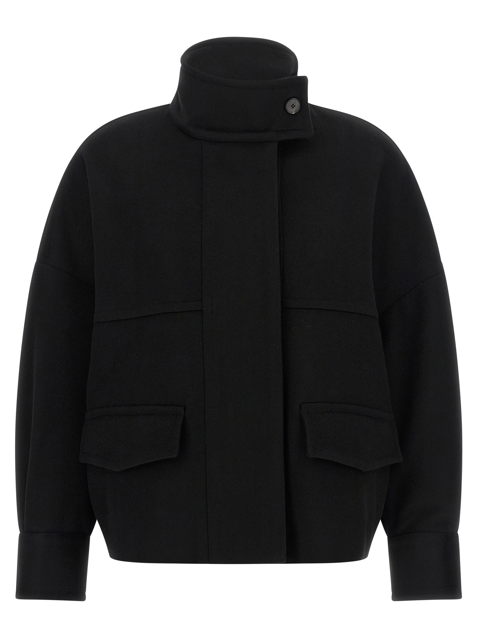 This Bomber Jacket by Alberto Biani for women in wool black exhibits a edgy silhouette, meticulously detailed with functional pockets and a edgy for a edgy finish.