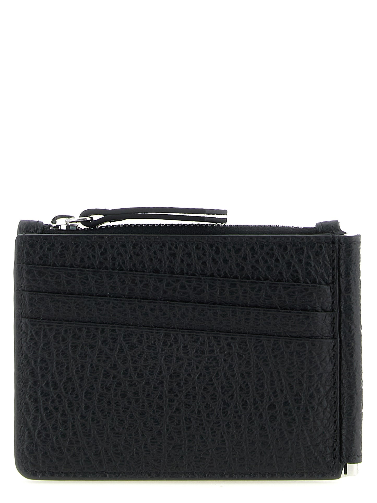 Cardholder Wallet by Maison Margiela for men in calfskin leather black, silver & signature showcases a distinguished silhouette, artfully capturing the essence of the distinguished Four Stitches Calfskin Leather Cardholder Wallet design with functional card-organization bifold coin-purse.