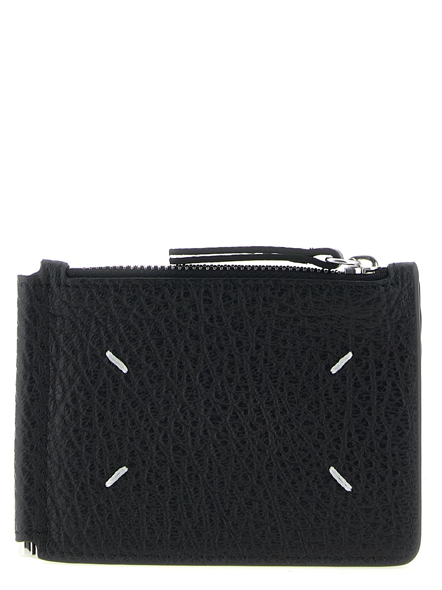 Cardholder Wallet by Maison Margiela for men in calfskin leather black, silver & signature presents a streamlined silhouette, showcasing the sophisticated design of the Four Stitches Calfskin Leather Cardholder Wallet collection with functional card-organization bifold coin-purse.