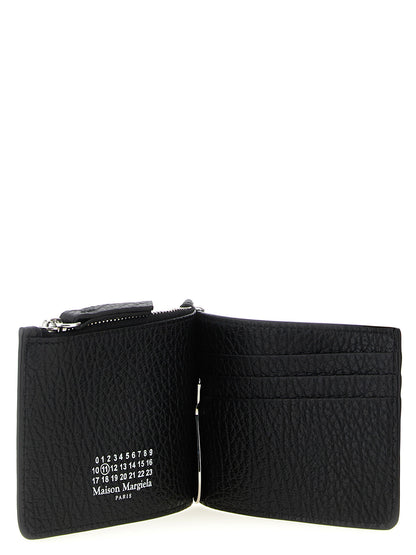 Cardholder Wallet by Maison Margiela for men in calfskin leather black, silver & signature presents a refined silhouette, artfully capturing the essence of the Four Stitches Calfskin Leather Cardholder Wallet design with sophisticated card-organization bifold coin-purse for a refined look.