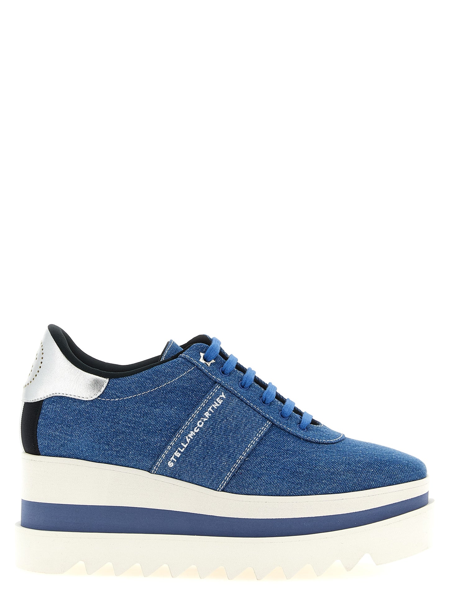 Platform Wedge Sandals by Stella McCartney for women in eva & denim cotton blue, silver, white & signature features an architectural design from the Women's EVA & Denim Cotton Platform Wedge Sandals collection, defined by a architectural platform wedge and for a architectural finish.