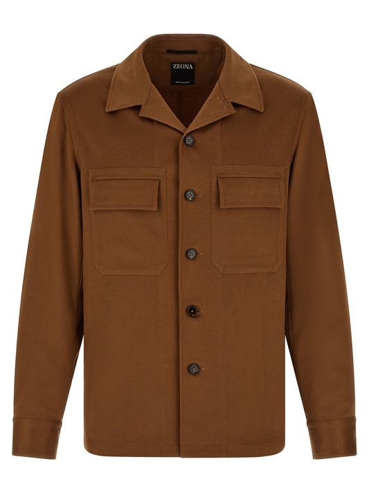 ZEGNA Men's Relaxed Fit Cashmere & Leather Overshirt - Brown