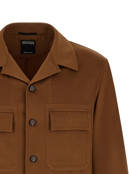 ZEGNA Men's Relaxed Fit Cashmere & Leather Overshirt - Brown