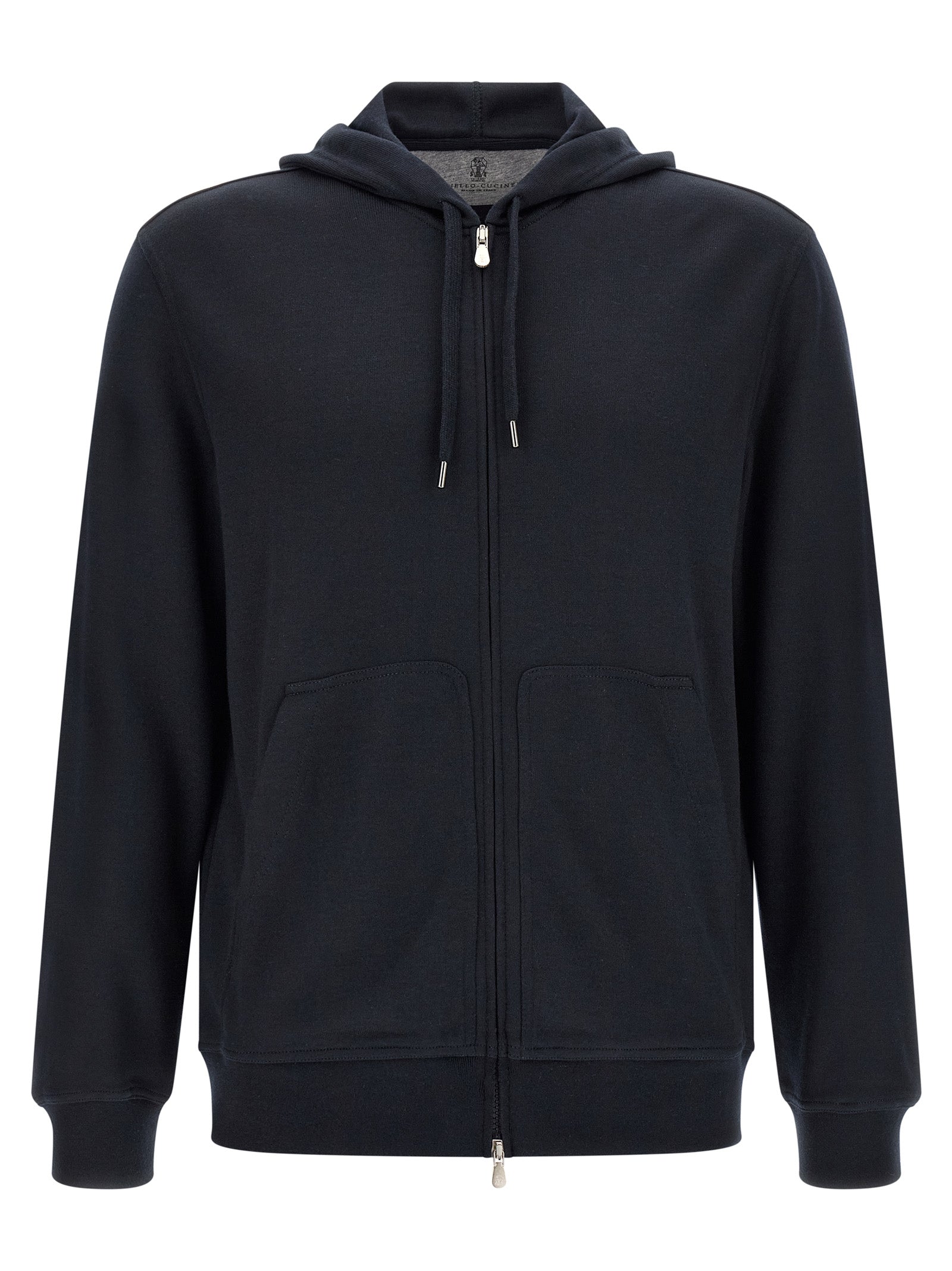 Sweatshirt Hoodie by Brunello Cucinelli for men in cashmere silk & polyamide blue features a slouchy chic silhouette, detailed with a slouchy chic and a signature hooded neckline for an elevated aesthetic.
