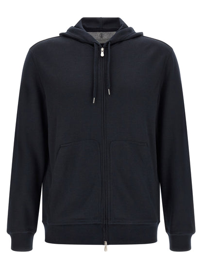 Sweatshirt Hoodie by Brunello Cucinelli for men in cashmere silk & polyamide blue features a slouchy chic silhouette, detailed with a slouchy chic and a signature hooded neckline for an elevated aesthetic.