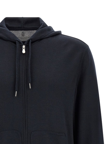 Sweatshirt Hoodie by Brunello Cucinelli for men in cashmere silk & polyamide blue features an luminous silhouette, showcasing a sophisticated hooded neckline and for a truly luminous look.
