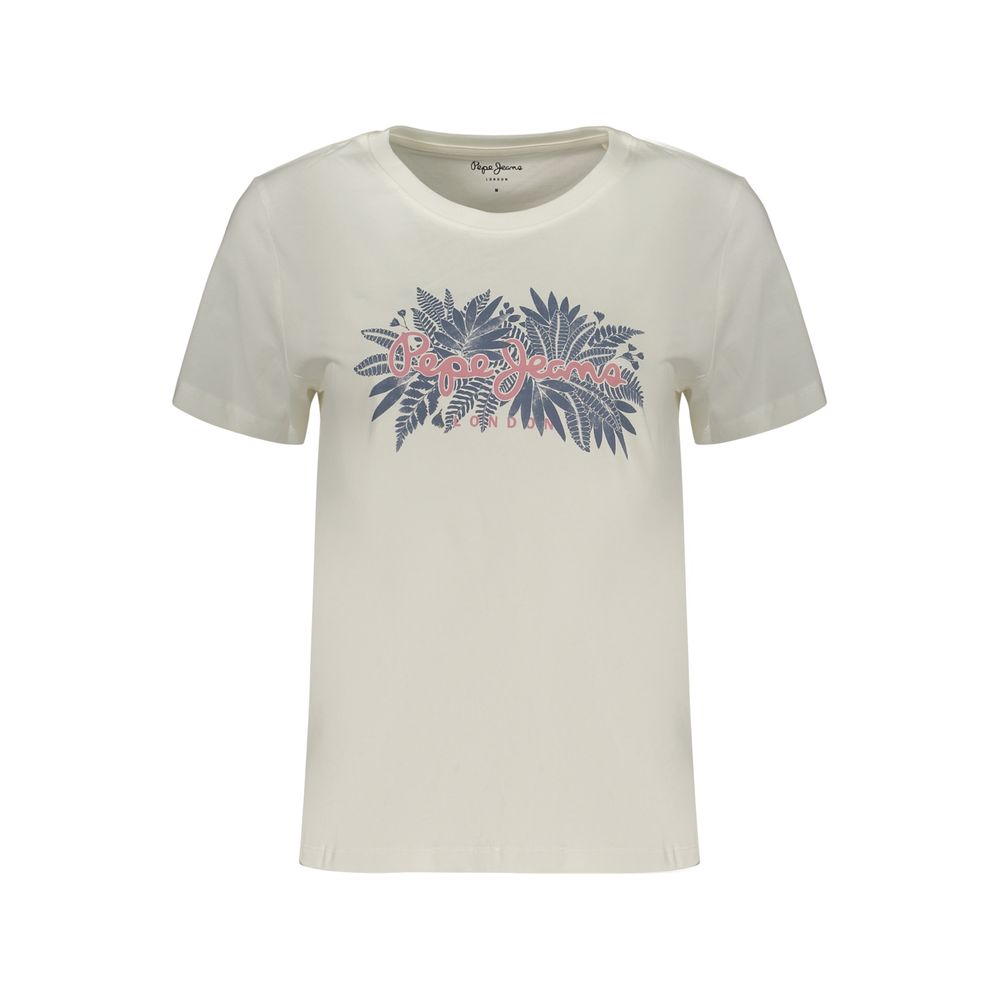 T-Shirt by Pepe Jeans for women in cotton white & print features an on trend silhouette, perfectly showcasing a on trend and crew neckline for an elevated aesthetic.