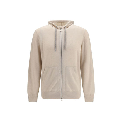 Sweatshirt Hoodie by Brunello Cucinelli for men in cashmere & capra leather beige features an avant-garde silhouette, showcasing a sophisticated hooded neckline and detail for a truly avant-garde finish.