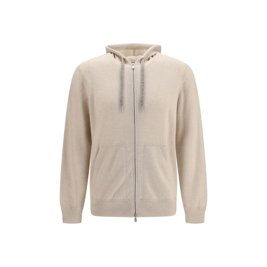 Sweatshirt Hoodie by Brunello Cucinelli for men in cashmere & capra leather beige features an avant-garde silhouette, showcasing a sophisticated hooded neckline and detail for a truly avant-garde finish.