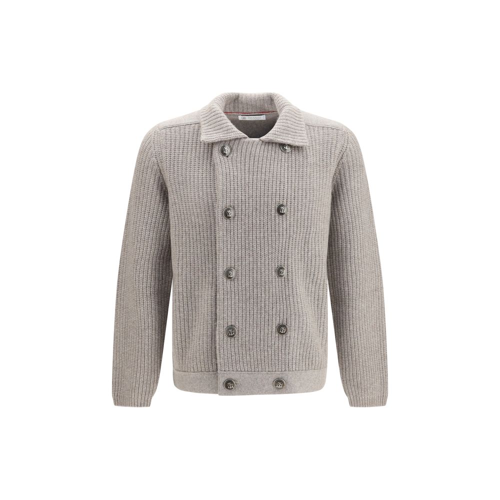 Cardigan by Brunello Cucinelli for men in cashmere & capra leather gray features a dramatic silhouette, showcasing a sophisticated and dramatic detail for a timeless, premium look.