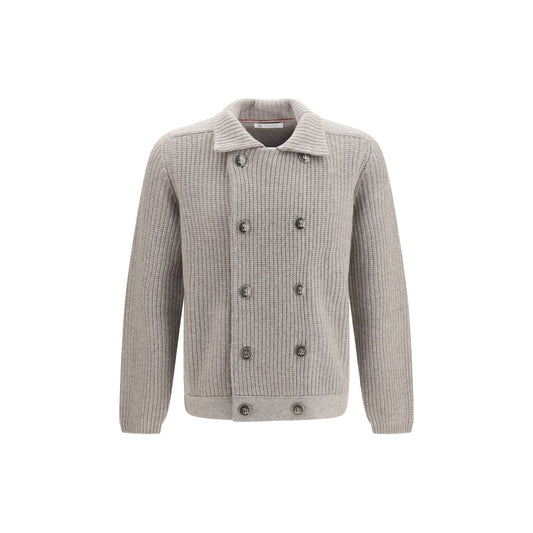 Cardigan by Brunello Cucinelli for men in cashmere & capra leather gray features a dramatic silhouette, showcasing a sophisticated and dramatic detail for a timeless, premium look.