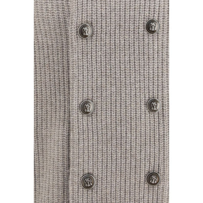 Cardigan by Brunello Cucinelli for men in cashmere & capra leather gray presents a textural silhouette, artfully finished with a textural and for a sophisticated, textural look.