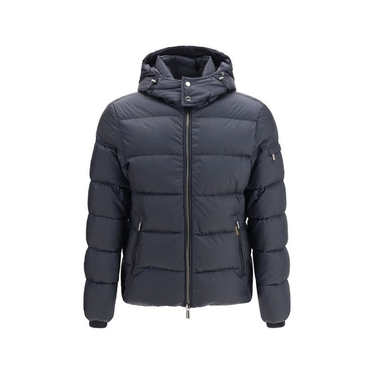 Hooded Puffer Jacket by MooRER for men in polyamide & goose-down blue showcases a bohemian silhouette, artfully detailed with a bohemian hooded neckline and signature insulated, pockets & hooded for a truly bohemian finish.