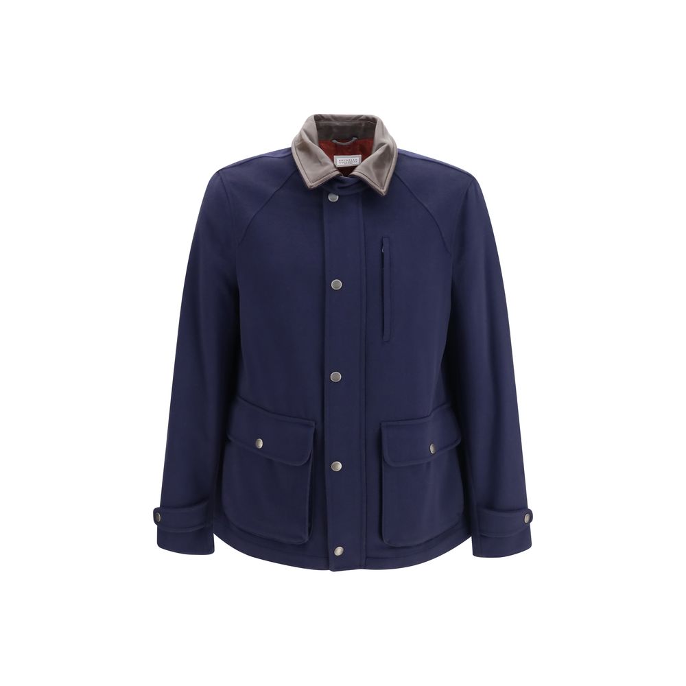 Overcoat by Brunello Cucinelli for men in virgin wool & leather blue features a cosy chic silhouette, artfully detailed with a sophisticated shirt-collar neckline and premium pockets for a cosy chic finish.
