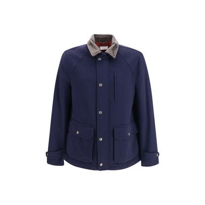 Overcoat by Brunello Cucinelli for men in virgin wool & leather blue features a cosy chic silhouette, artfully detailed with a sophisticated shirt-collar neckline and premium pockets for a cosy chic finish.