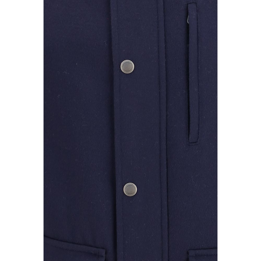 Overcoat by Brunello Cucinelli for men in virgin wool & leather blue features an satoral silhouette, showcasing a sophisticated shirt-collar neckline and satoral pockets for a premium, timeless look.