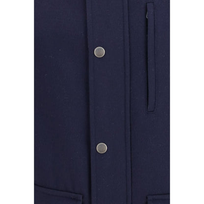 Overcoat by Brunello Cucinelli for men in virgin wool & leather blue features an satoral silhouette, showcasing a sophisticated shirt-collar neckline and satoral pockets for a premium, timeless look.