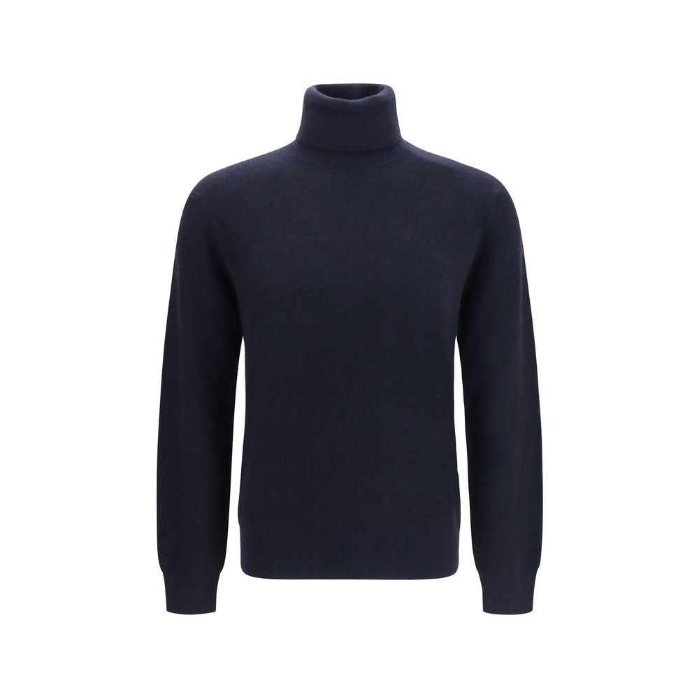 This Sweater by Brioni for men in cashmere wool & capra leather blue & striped presents a understated silhouette, featuring a sophisticated turtle high-neck neckline and for a understated finish.