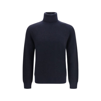 This Sweater by Brioni for men in cashmere wool & capra leather blue & striped presents a understated silhouette, featuring a sophisticated turtle high-neck neckline and for a understated finish.