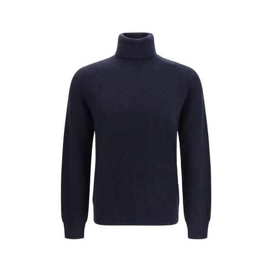 This Sweater by Brioni for men in cashmere wool & capra leather blue & striped presents a understated silhouette, featuring a sophisticated turtle high-neck neckline and for a understated finish.
