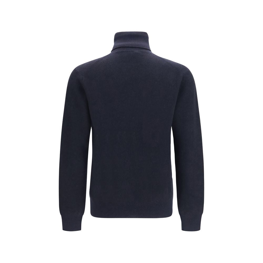 Sweater by Brioni for men in cashmere wool & capra leather blue & striped showcases a sumptuous silhouette, artfully finished with a sumptuous turtle high-neck neckline and for a sophisticated, sumptuous look.