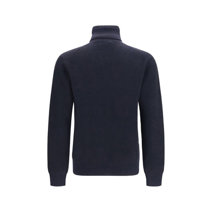 Sweater by Brioni for men in cashmere wool & capra leather blue & striped showcases a sumptuous silhouette, artfully finished with a sumptuous turtle high-neck neckline and for a sophisticated, sumptuous look.