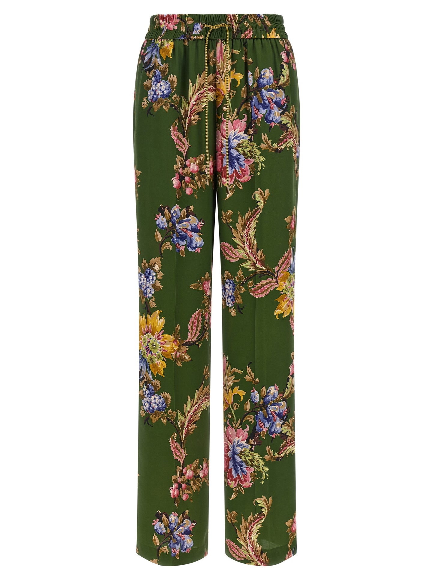 Trousers by Etro for women in polyester bicolour, green, olive, patterned & floral presents a perennial silhouette, meticulously tailored with a relaxed-fit & wide cut, long finish, and an elegant .