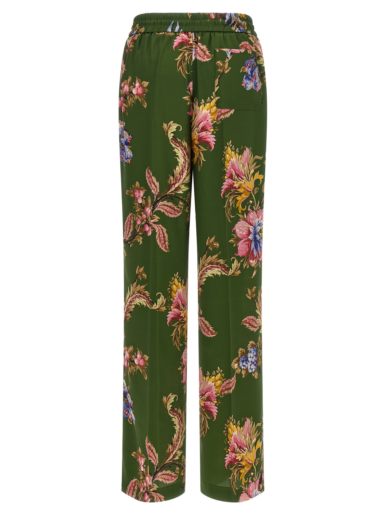 Trousers by Etro for women in polyester bicolour, green, olive, patterned & floral presents a smart silhouette, meticulously detailed with a smart relaxed-fit & wide, a smart long, and a smart .
