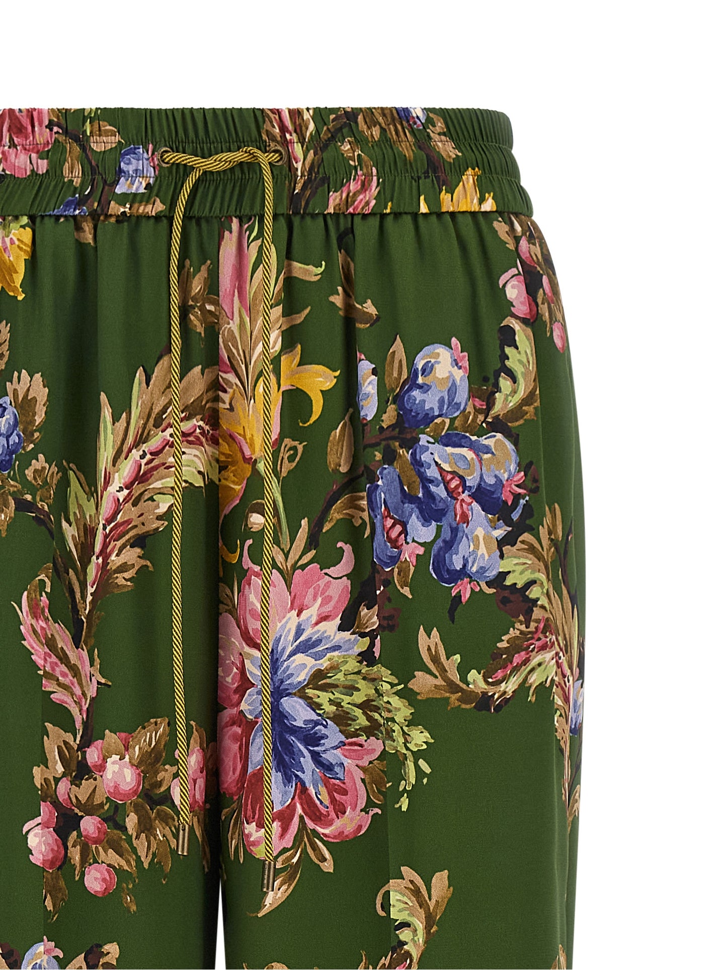 Trousers by Etro for women in polyester bicolour, green, olive, patterned & floral features a artisanal silhouette, showcasing a sophisticated relaxed-fit & wide with a long and for a artisanal finish.