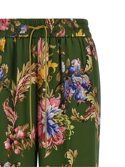 Trousers by Etro for women in polyester bicolour, green, olive, patterned & floral features a artisanal silhouette, showcasing a sophisticated relaxed-fit & wide with a long and for a artisanal finish.