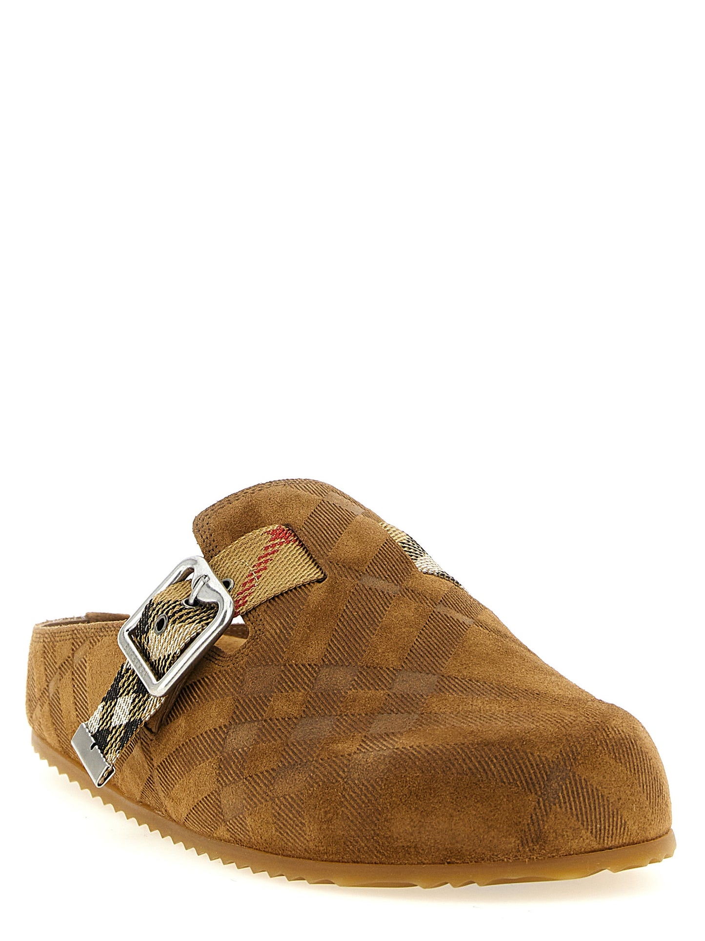Clogs Flat Shoes by Burberry for women in polyamide polyester suede leather brown, silver, patterned & jacquard features an statuesque silhouette from the Women's Polyamide Polyester Suede Leather Clogs Flat Shoes collection, showcasing a and a statuesque for a statuesque look.