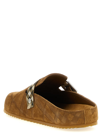 Clogs Flat Shoes by Burberry for women in polyamide polyester suede leather brown, silver, patterned & jacquard presents a impeccable silhouette as Women's Polyamide Polyester Suede Leather Clogs Flat Shoes, artfully designed with a and a impeccable for a refined, upscale finish.