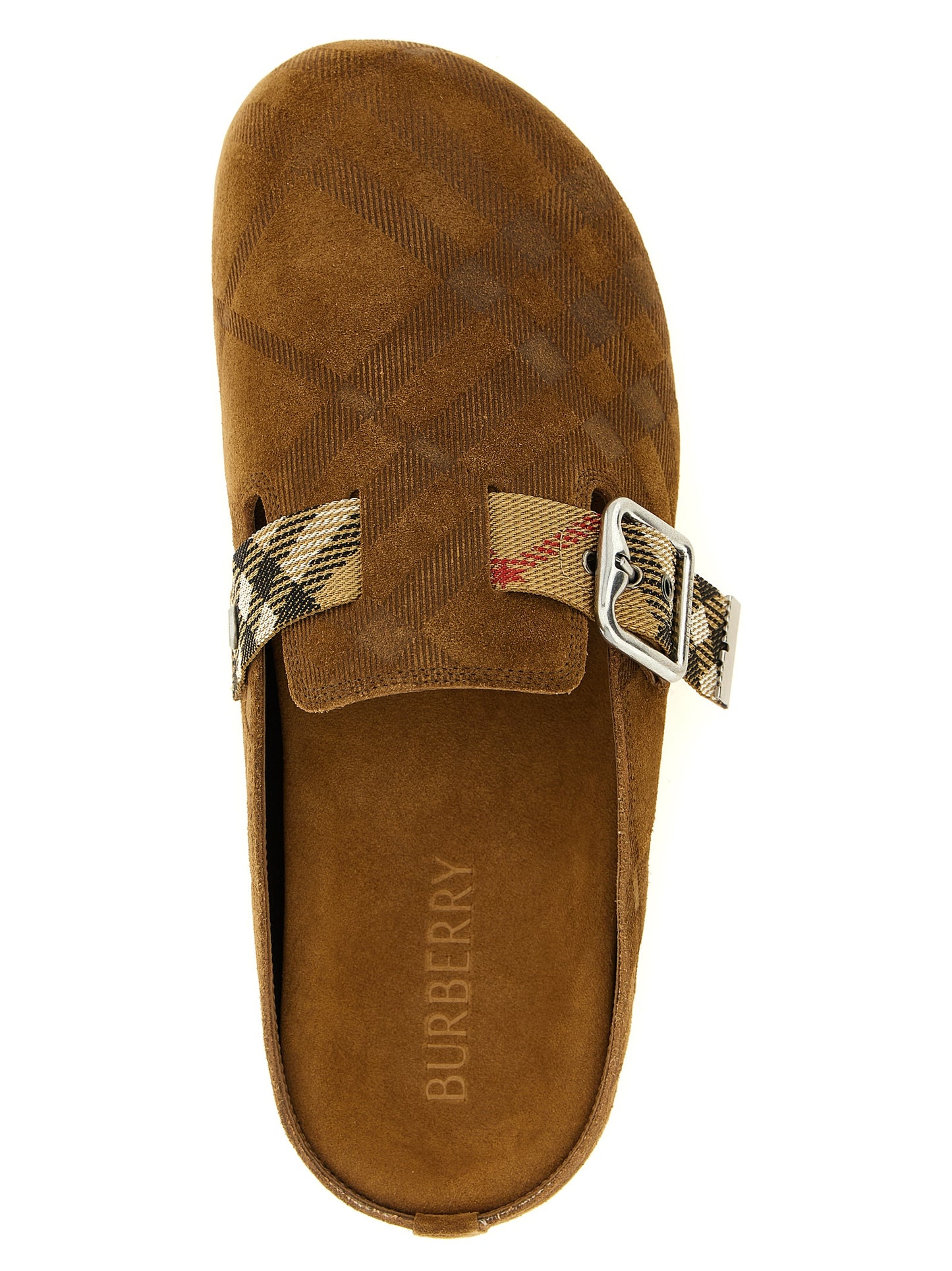 Clogs Flat Shoes by Burberry for women in polyamide polyester suede leather brown, silver, patterned & jacquard features an statuesque silhouette from the Women's Polyamide Polyester Suede Leather Clogs Flat Shoes collection, showcasing a and a statuesque for a statuesque look.