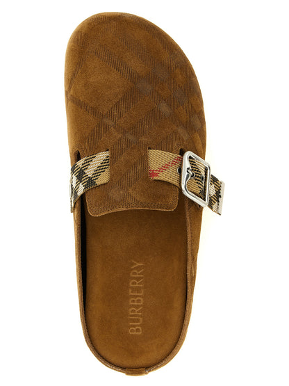 Clogs Flat Shoes by Burberry for women in polyamide polyester suede leather brown, silver, patterned & jacquard features an statuesque silhouette from the Women's Polyamide Polyester Suede Leather Clogs Flat Shoes collection, showcasing a and a statuesque for a statuesque look.