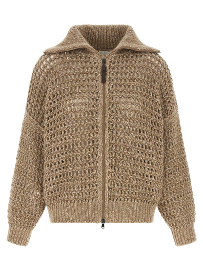 Brunello Cucinelli Women's Relaxed Fit Mohair Cashmere Leather & Sequins Cardigan - Beige