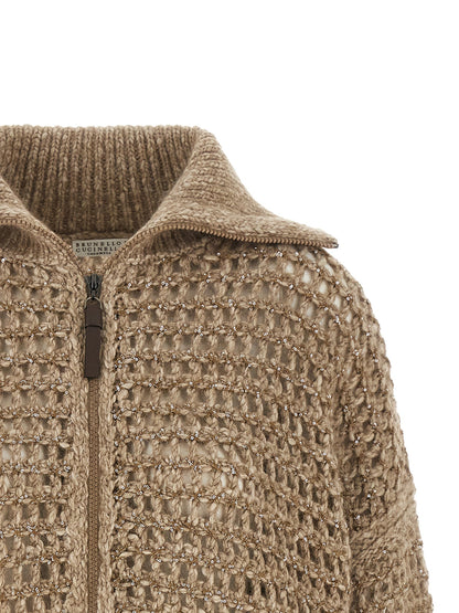 Brunello Cucinelli Women's Relaxed Fit Mohair Cashmere Leather & Sequins Cardigan - Beige