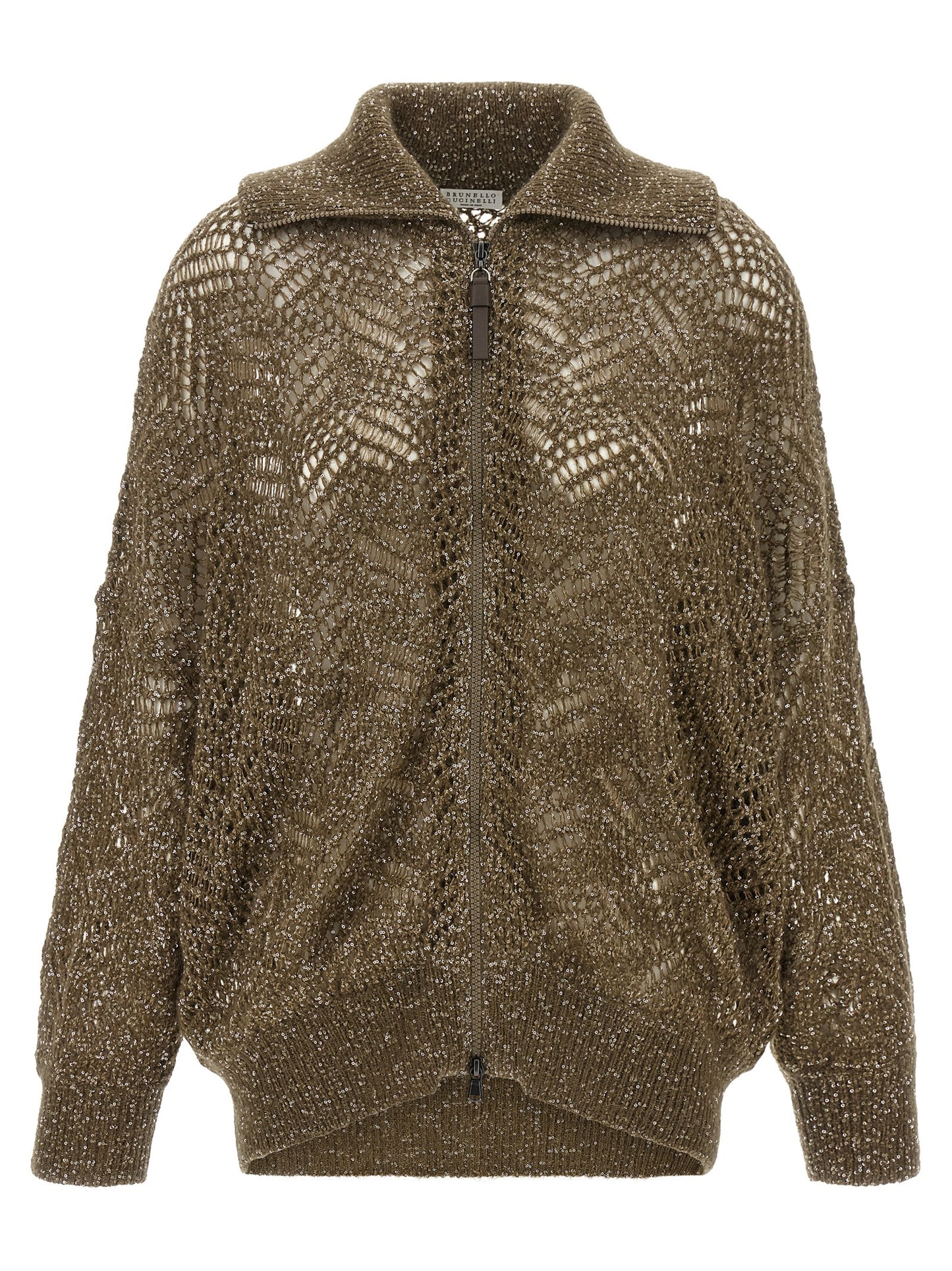 Cardigan by Brunello Cucinelli for women in mohair polyamide polyester leather & sequins brown features an impeccable silhouette, showcasing a sophisticated high-neck neckline and detail for a truly impeccable finish.