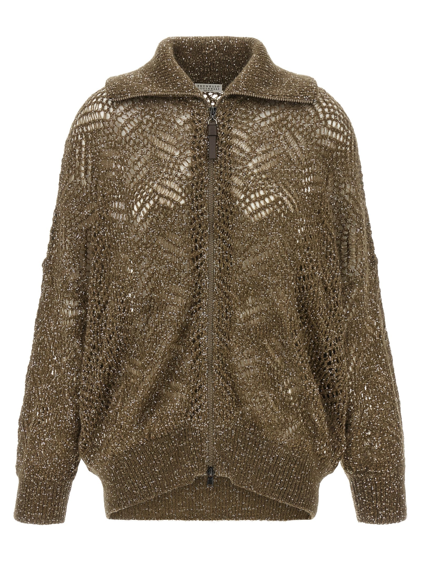 Cardigan by Brunello Cucinelli for women in mohair polyamide polyester leather & sequins brown features an impeccable silhouette, showcasing a sophisticated high-neck neckline and detail for a truly impeccable finish.