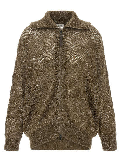 Cardigan by Brunello Cucinelli for women in mohair polyamide polyester leather & sequins brown features an impeccable silhouette, showcasing a sophisticated high-neck neckline and detail for a truly impeccable finish.