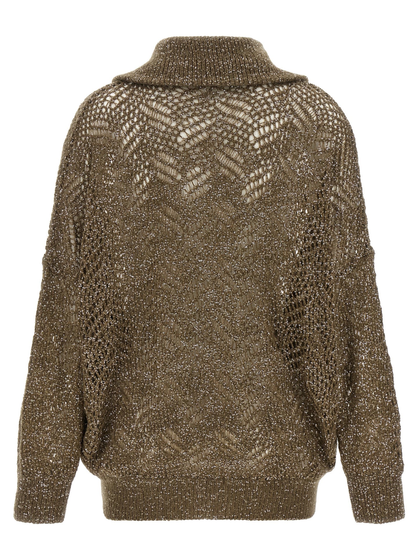 Cardigan by Brunello Cucinelli for women in mohair polyamide polyester leather & sequins brown features an crisp silhouette, showcasing a sophisticated high-neck neckline and detail for a truly crisp finish.