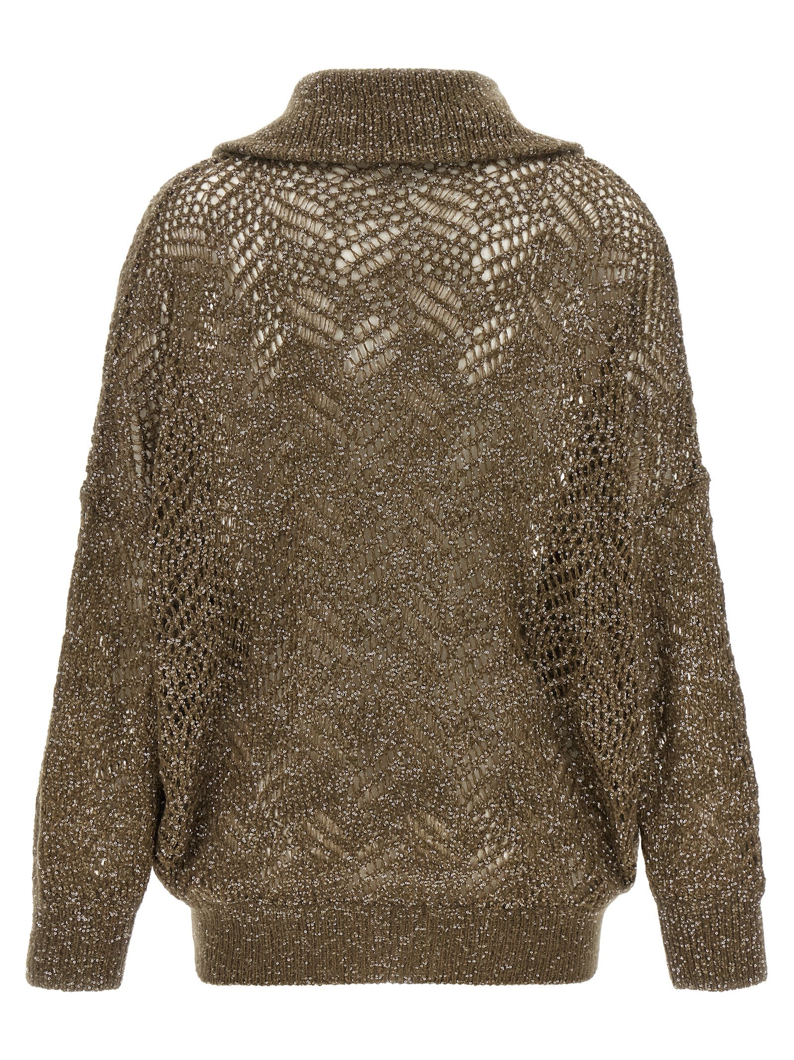 Cardigan by Brunello Cucinelli for women in mohair polyamide polyester leather & sequins brown features an crisp silhouette, showcasing a sophisticated high-neck neckline and detail for a truly crisp finish.