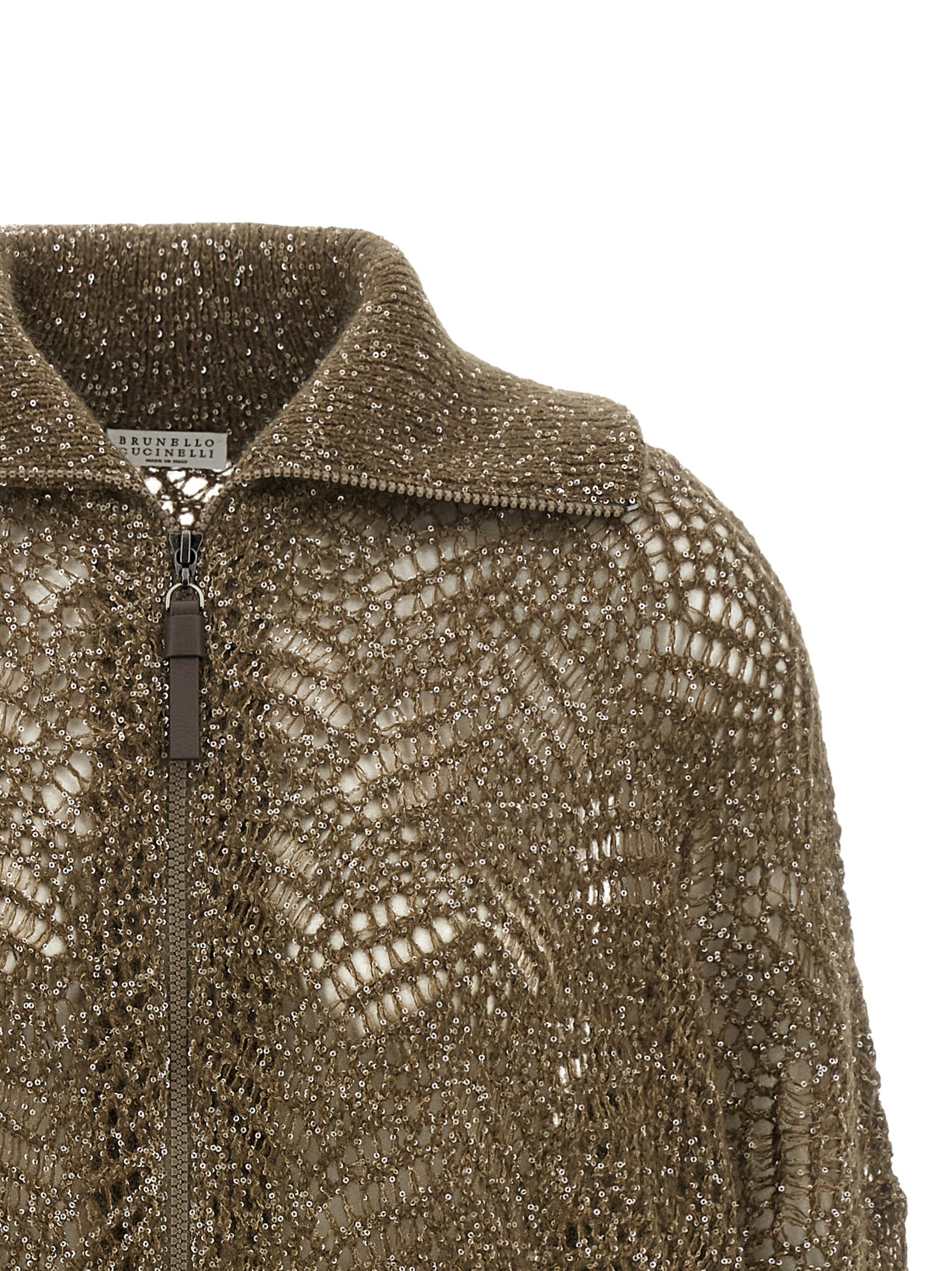 Cardigan by Brunello Cucinelli for women in mohair polyamide polyester leather & sequins brown showcases a luxurious silhouette, meticulously detailed with a sophisticated high-neck neckline and for a refined finish.