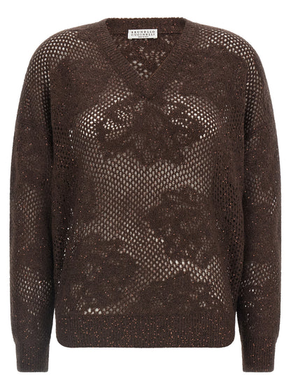 Cardigan by Brunello Cucinelli for women in nylon mohair virgin wool & sequins brown & floral features an impeccable silhouette, showcasing a sophisticated v-neck neckline and detail for a truly impeccable finish.