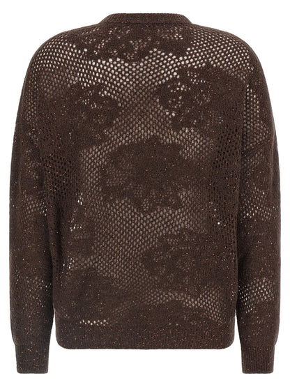 Cardigan by Brunello Cucinelli for women in nylon mohair virgin wool & sequins brown & floral features a dramatic silhouette, showcasing a sophisticated v-neck neckline and dramatic detail for a timeless, premium look.