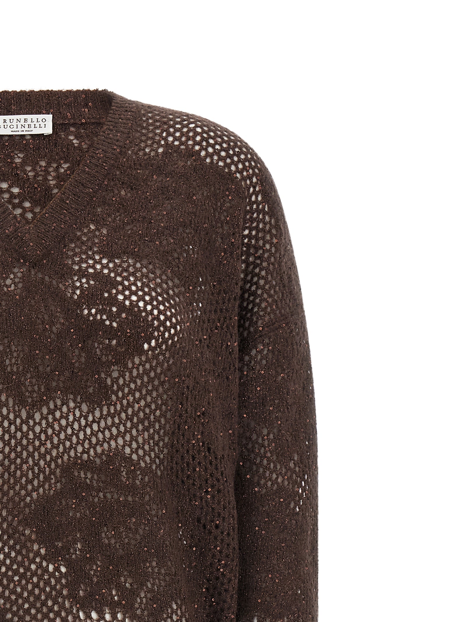 Cardigan by Brunello Cucinelli for women in nylon mohair virgin wool & sequins brown & floral presents a textural silhouette, artfully finished with a textural v-neck neckline and for a sophisticated, textural look.