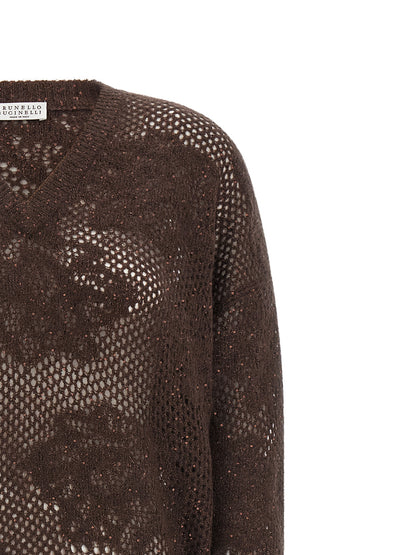 Cardigan by Brunello Cucinelli for women in nylon mohair virgin wool & sequins brown & floral presents a textural silhouette, artfully finished with a textural v-neck neckline and for a sophisticated, textural look.