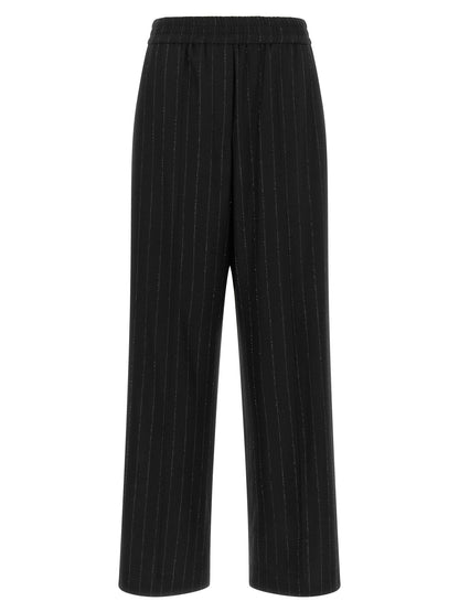 Brunello Cucinelli Women's Relaxed Fit Wide Virgin Cashmere Wool Viscose & Sequins Trousers - Blue Patterned Pinstripe