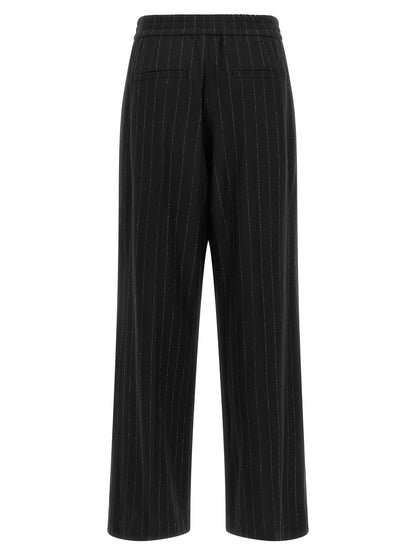 Brunello Cucinelli Women's Relaxed Fit Wide Virgin Cashmere Wool Viscose & Sequins Trousers - Blue Patterned Pinstripe
