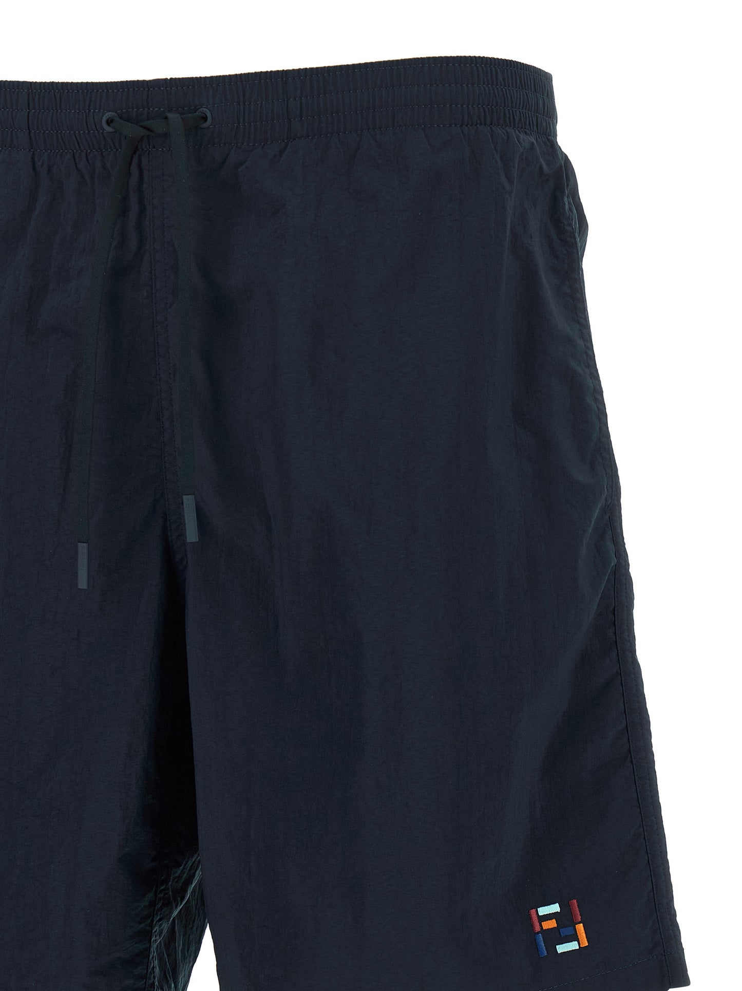 Swim Shorts by Fendi for men in polyamide dark-blue & multicolor features a resort ready silhouette, capturing the beach-ready style of the Selleria Men's Polyamide Swim Shorts collection.