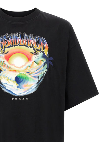 T-Shirt by Casablanca for men in organic cotton black & print showcases a dramatic silhouette, elegantly detailed with a dramatic and for a truly dramatic finish.